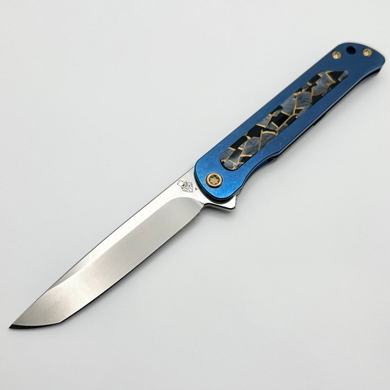 Medford T-Bone Blue Tumbled Titanium Framelock Flipper w/ Mosaic Inlaid Handles & Bronze Hardware w/ Tumbled S45VN Tanto Blade