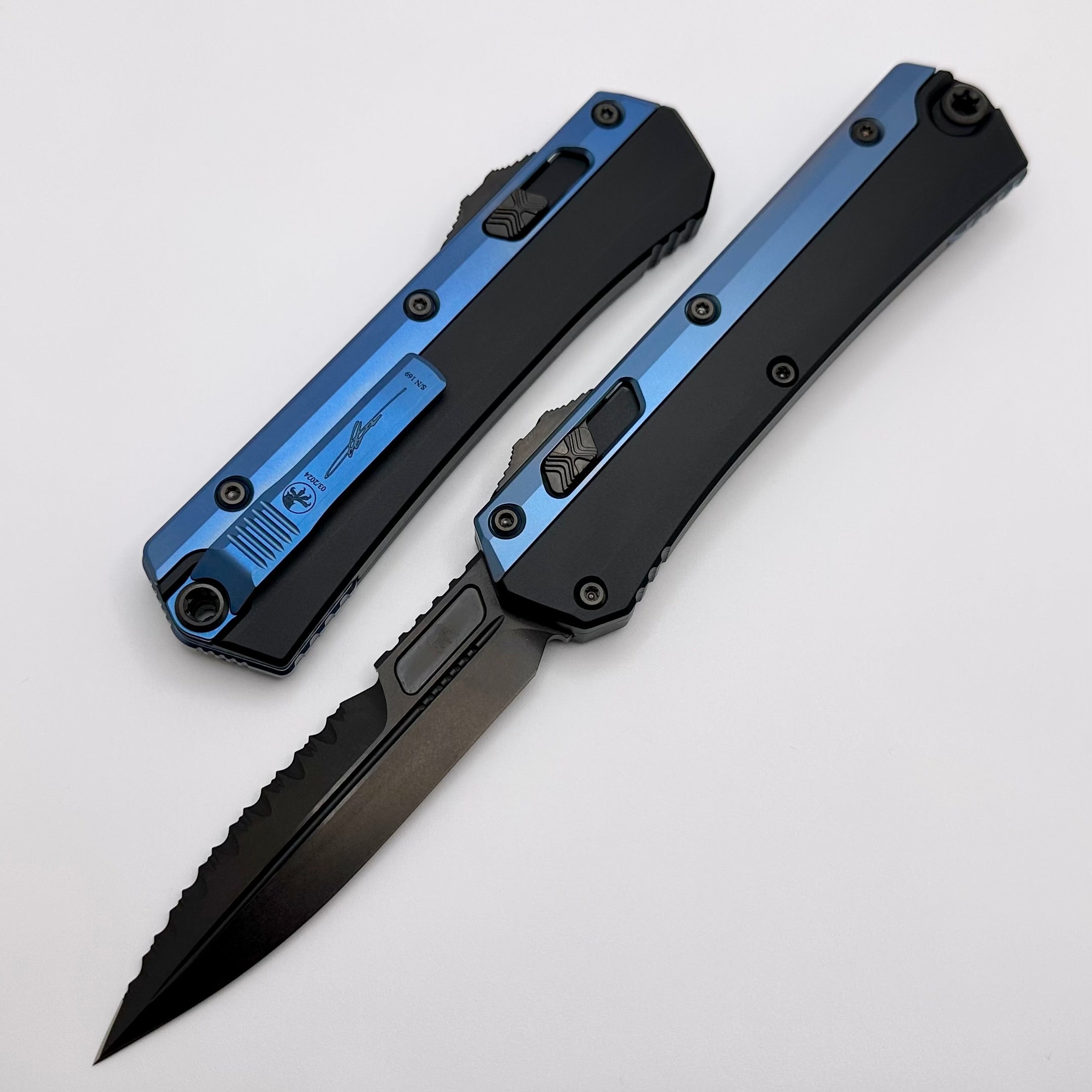 Microtech Glykon DLC Bayonet Part Serrated w/ Blue Anodized Accents Si