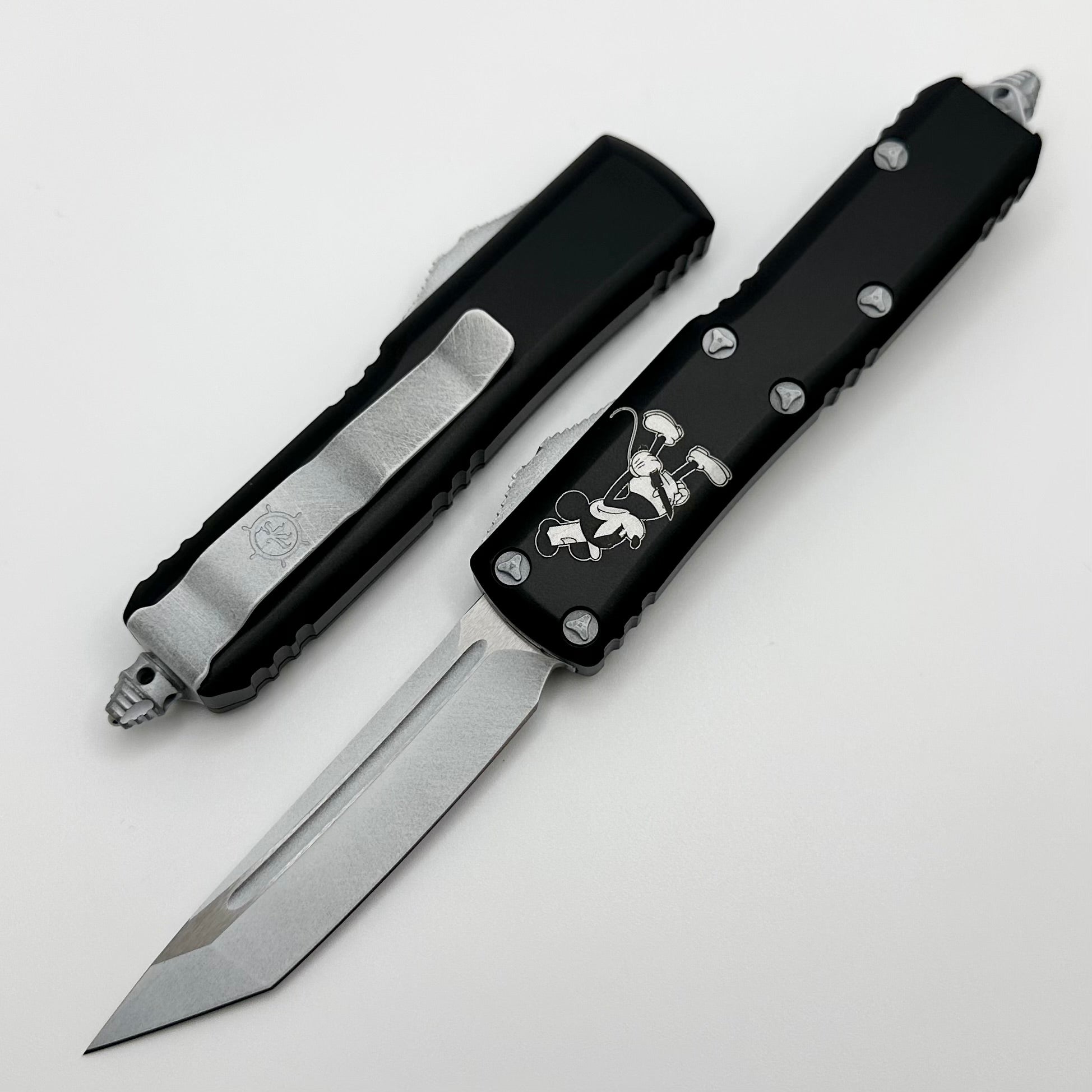 Microtech UTX-85 Steamboat Willie Black Handle w/ Dirty White Accents
