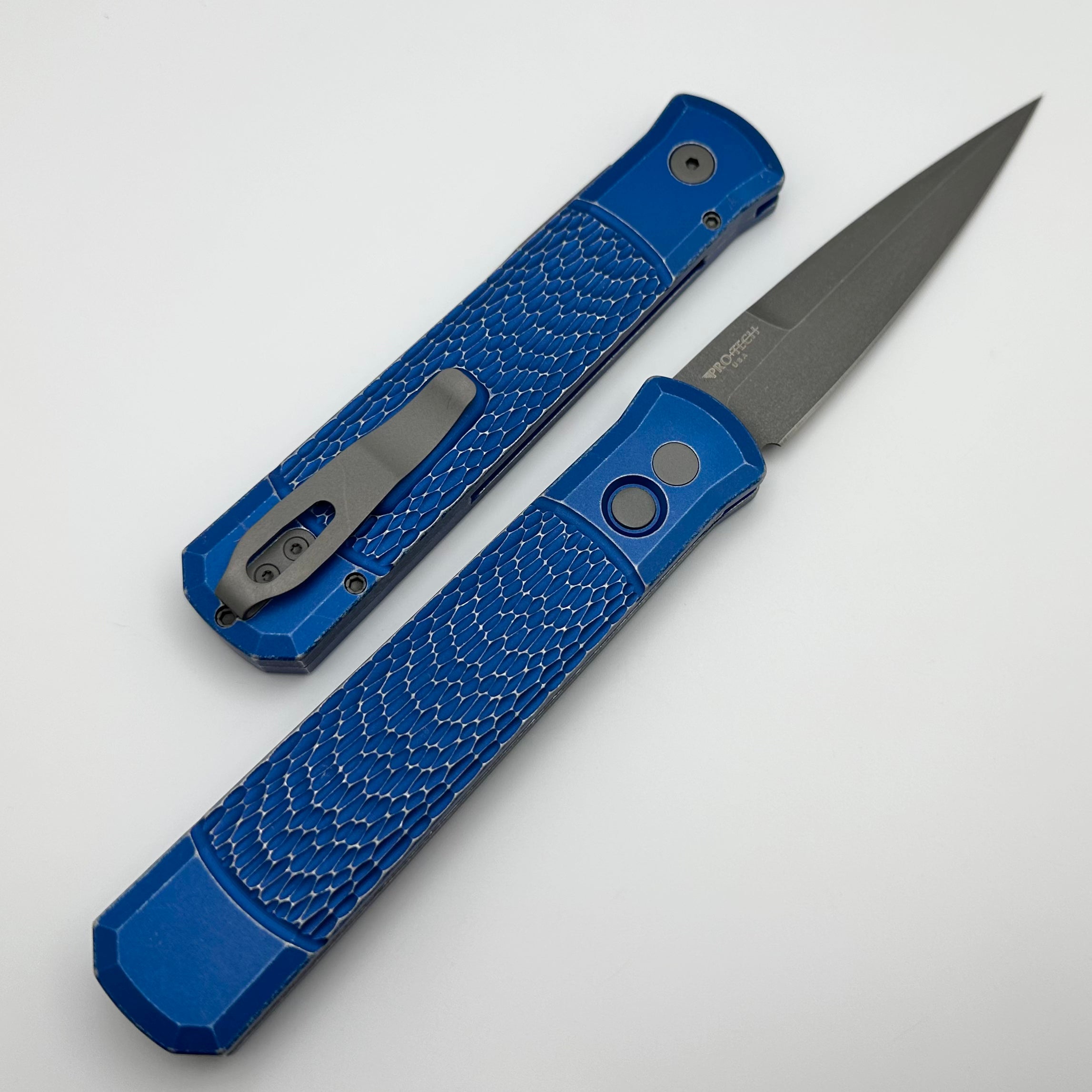 Pro-Tech Godfather Left Handed w/ Battleworn Blue Jigged Handle & Acid