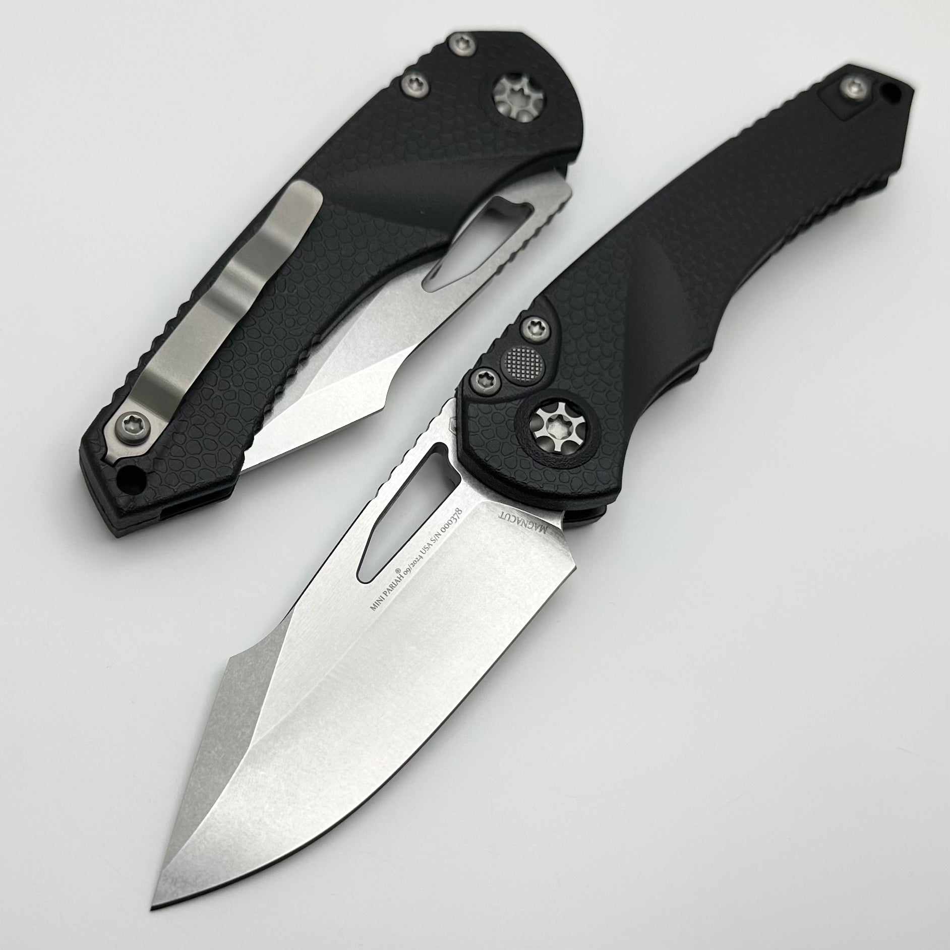 Heretic Knives Mini Pariah M/A Button Lock Black Polymer Handles w/ St