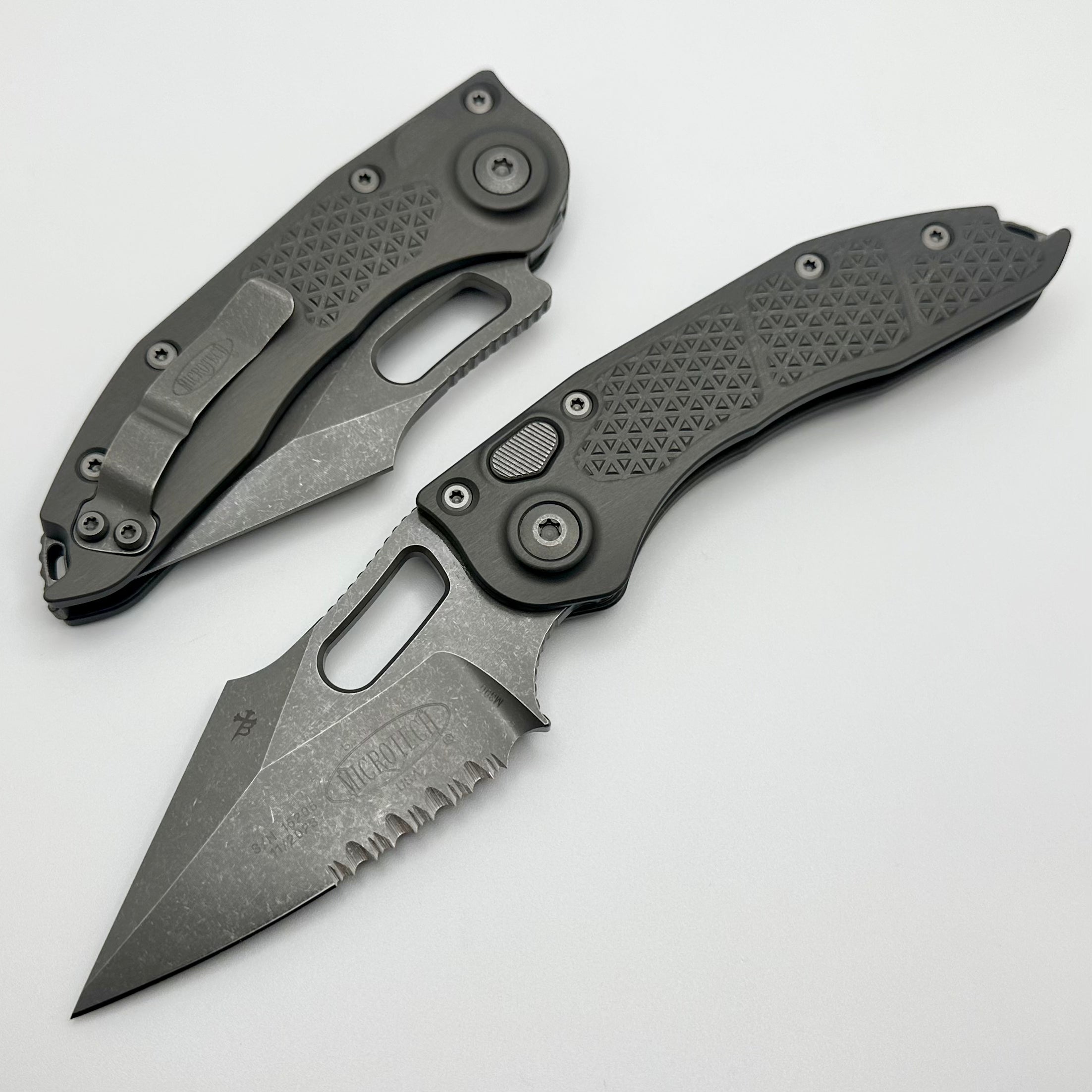 Microtech Borka Stitch Natural Clear Partial Serrated Apocalyptic Stan