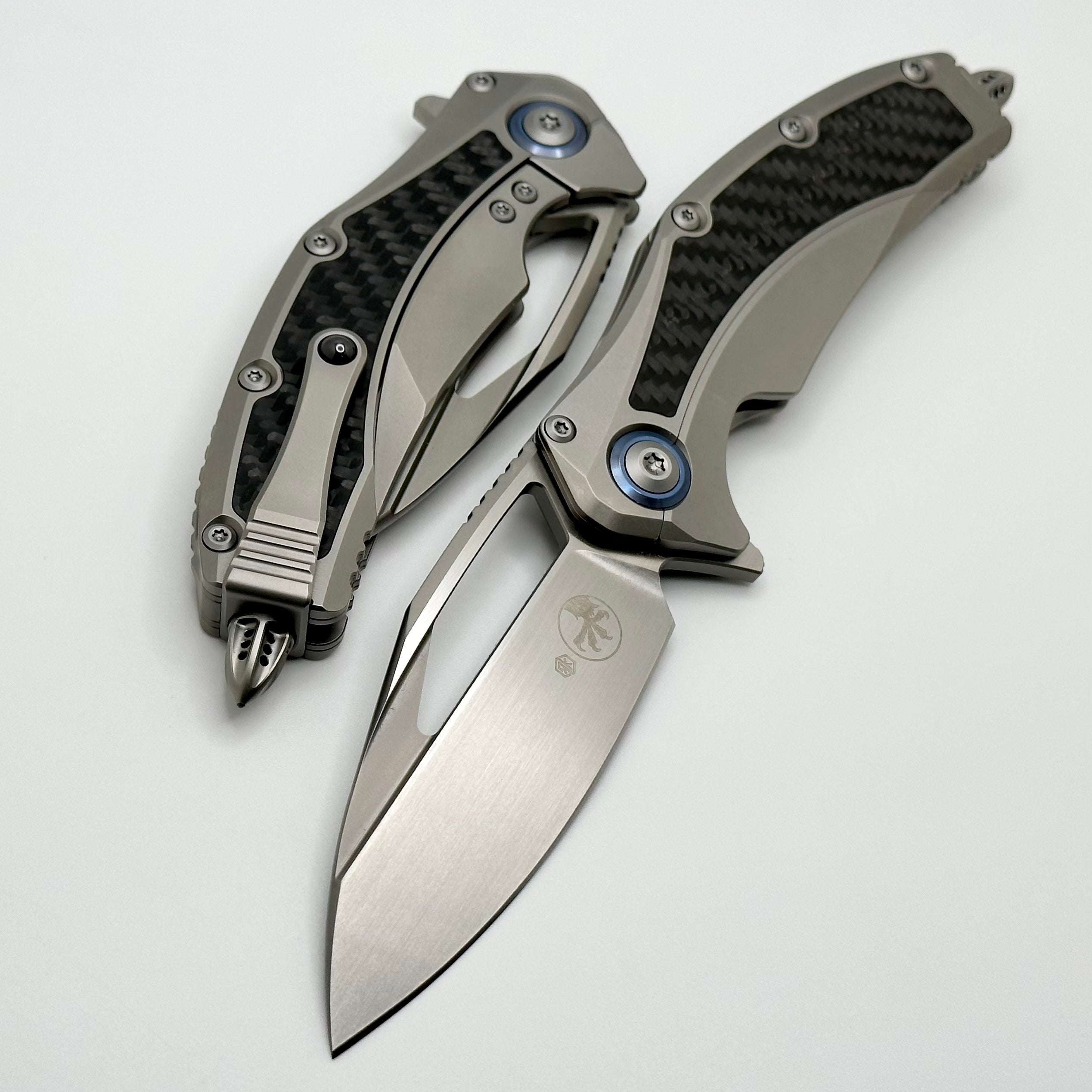 Microtech Matrix Titanium w/ Carbon Fiber Inlays & Blue Ti Pivot Colla