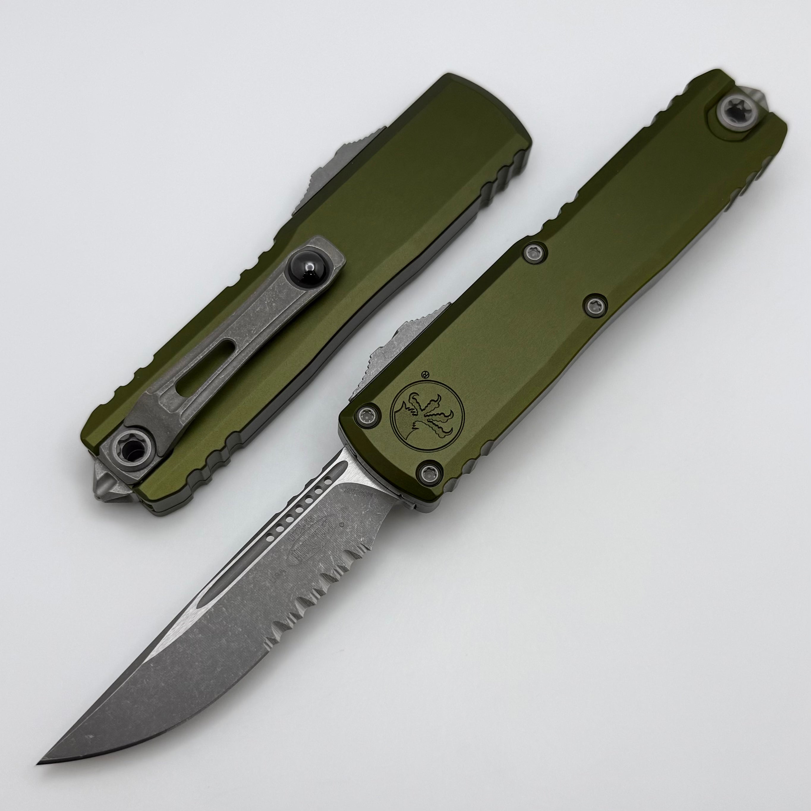 Microtech UTX-85 Gen IV w/ OD Green Handle & Apocalyptic S/E Part Serr