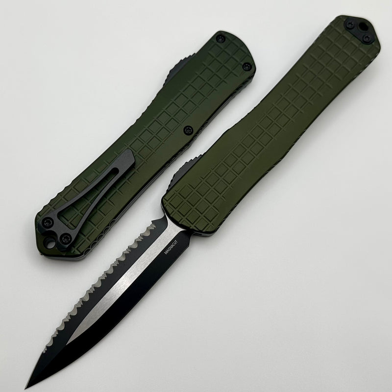 Heretic Knives Manticore X Green Frag Handle & Two Tone Black D/E Full Serrated MagnaCut H032F-10C-GRN
