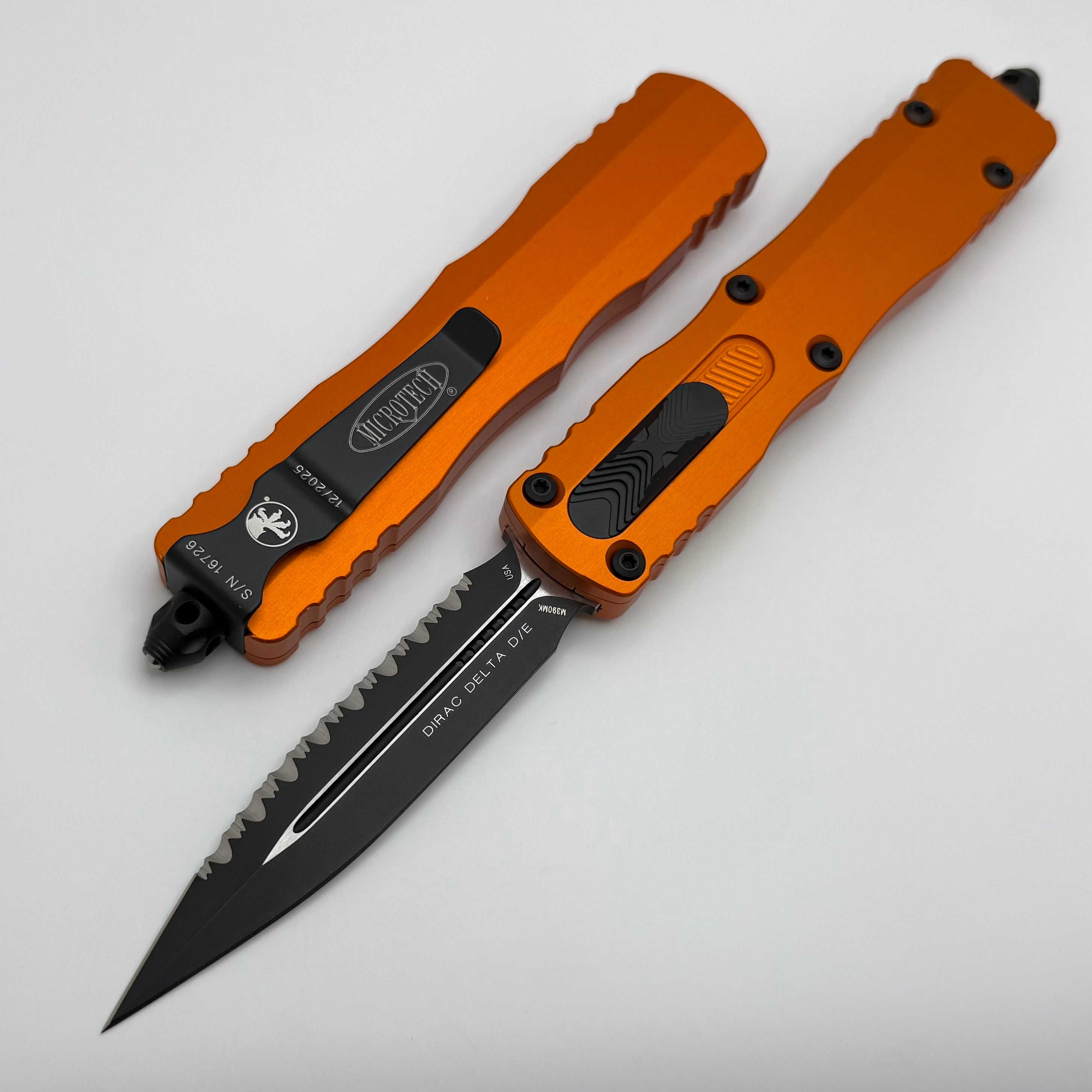 Microtech Dirac Delta D/E Black Tactical Fully Serrated w/ Orange Hand