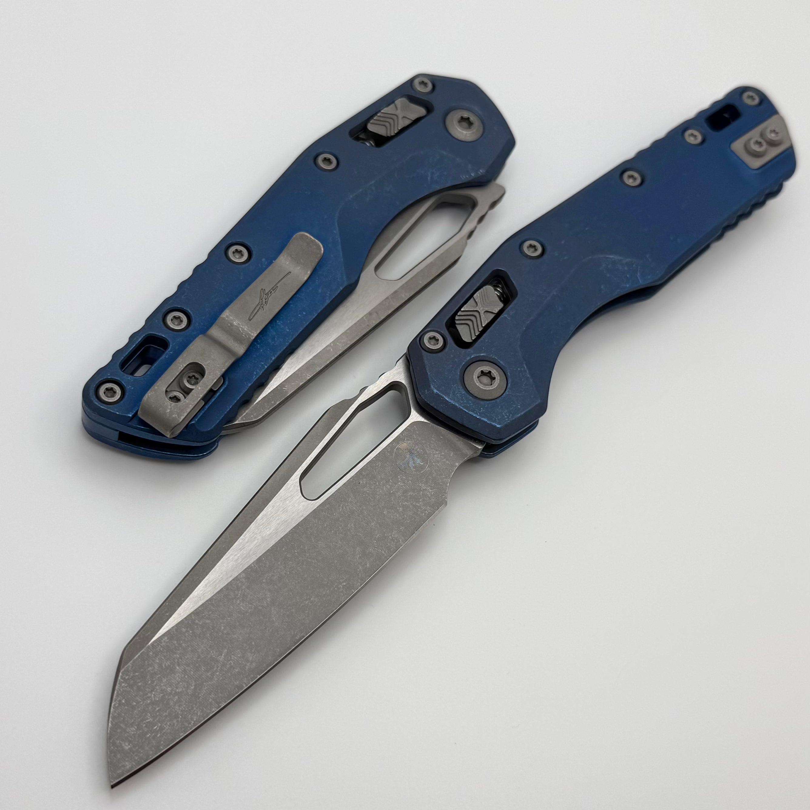 Microtech Marfione Select MSI RAM LOK Antique Blue Slab Side Titanium