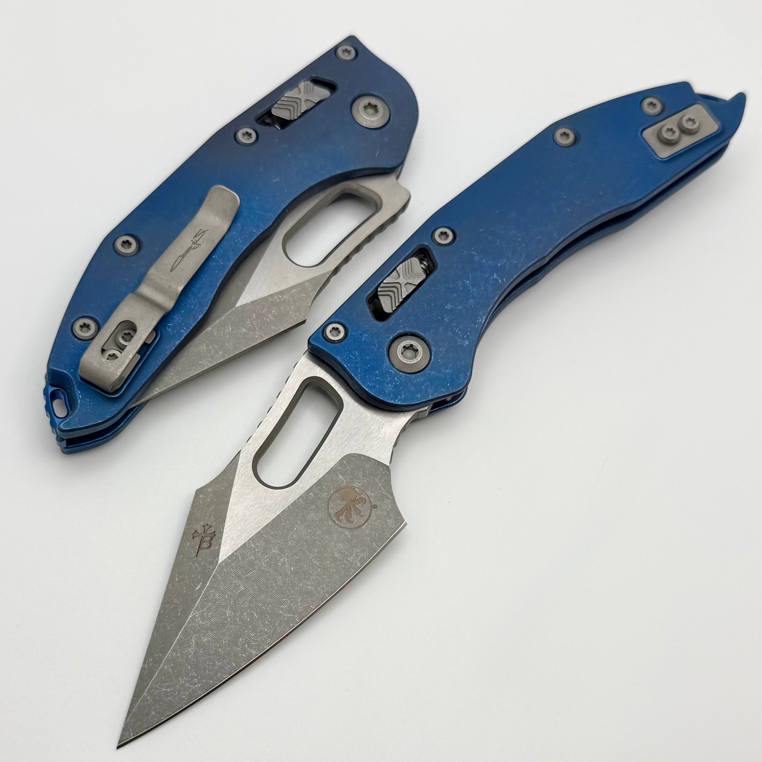 Microtech Marfione Select Manual Stitch RAM LOK Antique Blue Slab Side