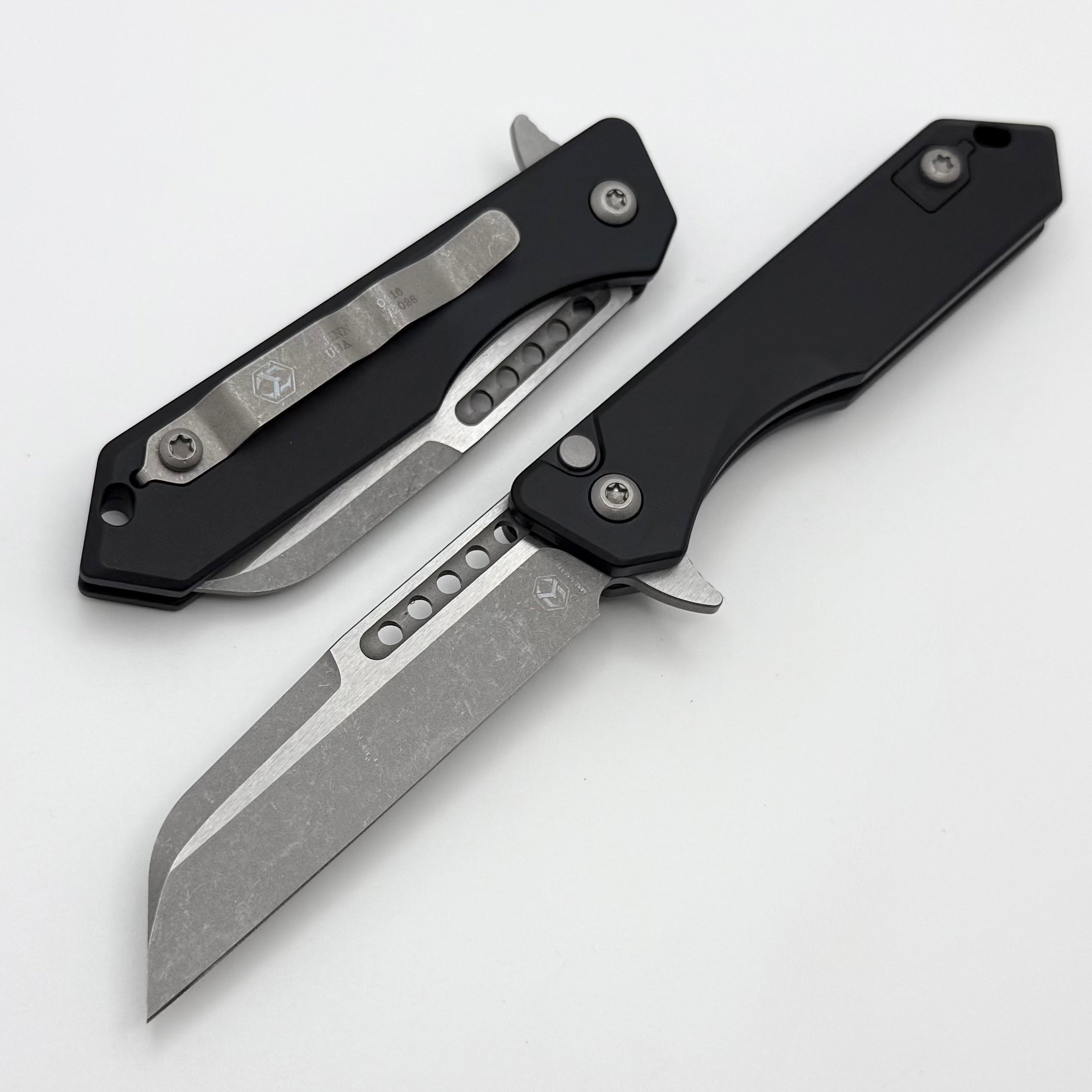 Heretic Knives M/A Jinn Flipper w/ Black Aluminum Handles & Battleworn