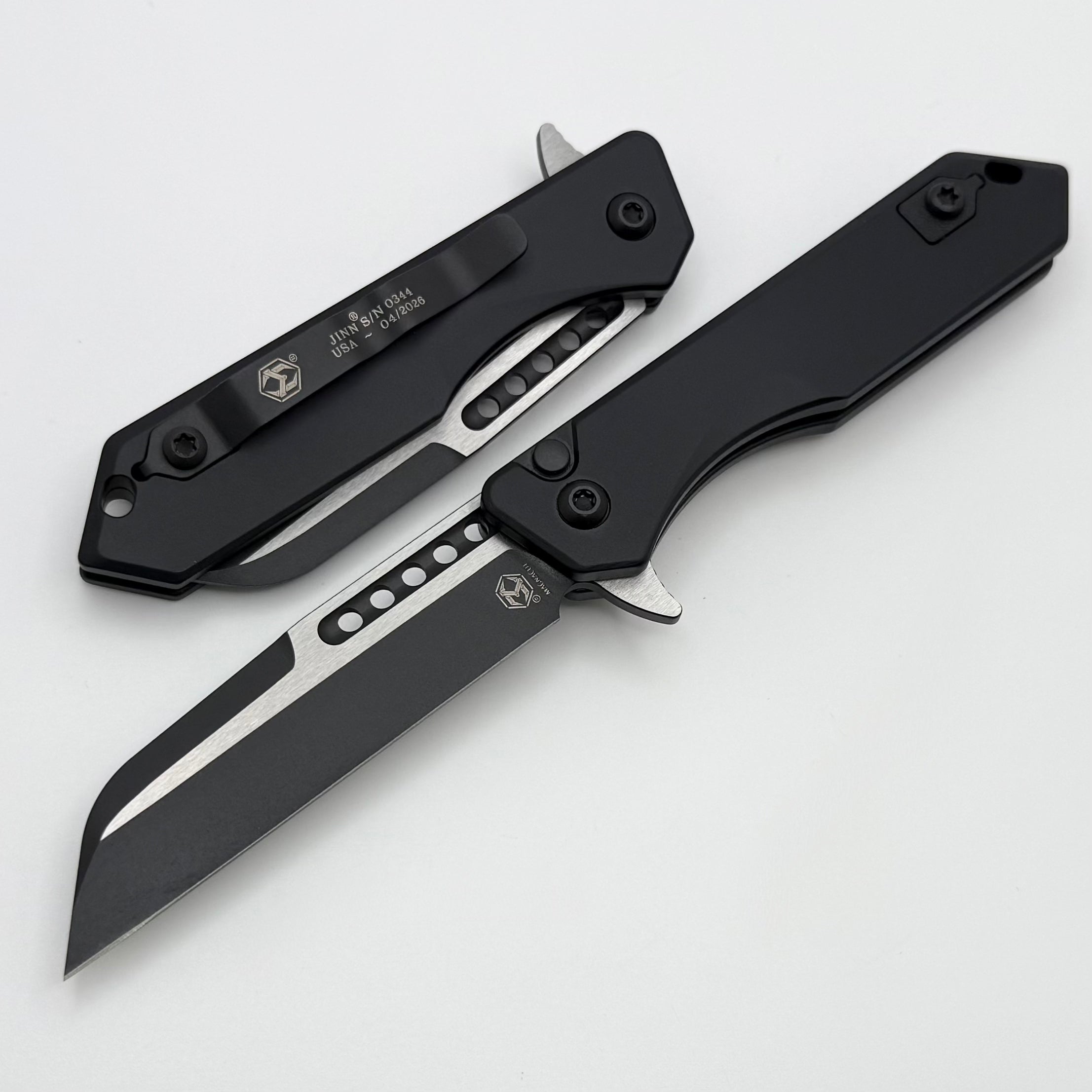 Hermh ブラックメタル　BLACKL Heretic Knives M/A Jinn Flipper w/ Black Aluminum Handles & 2 Tone Bla