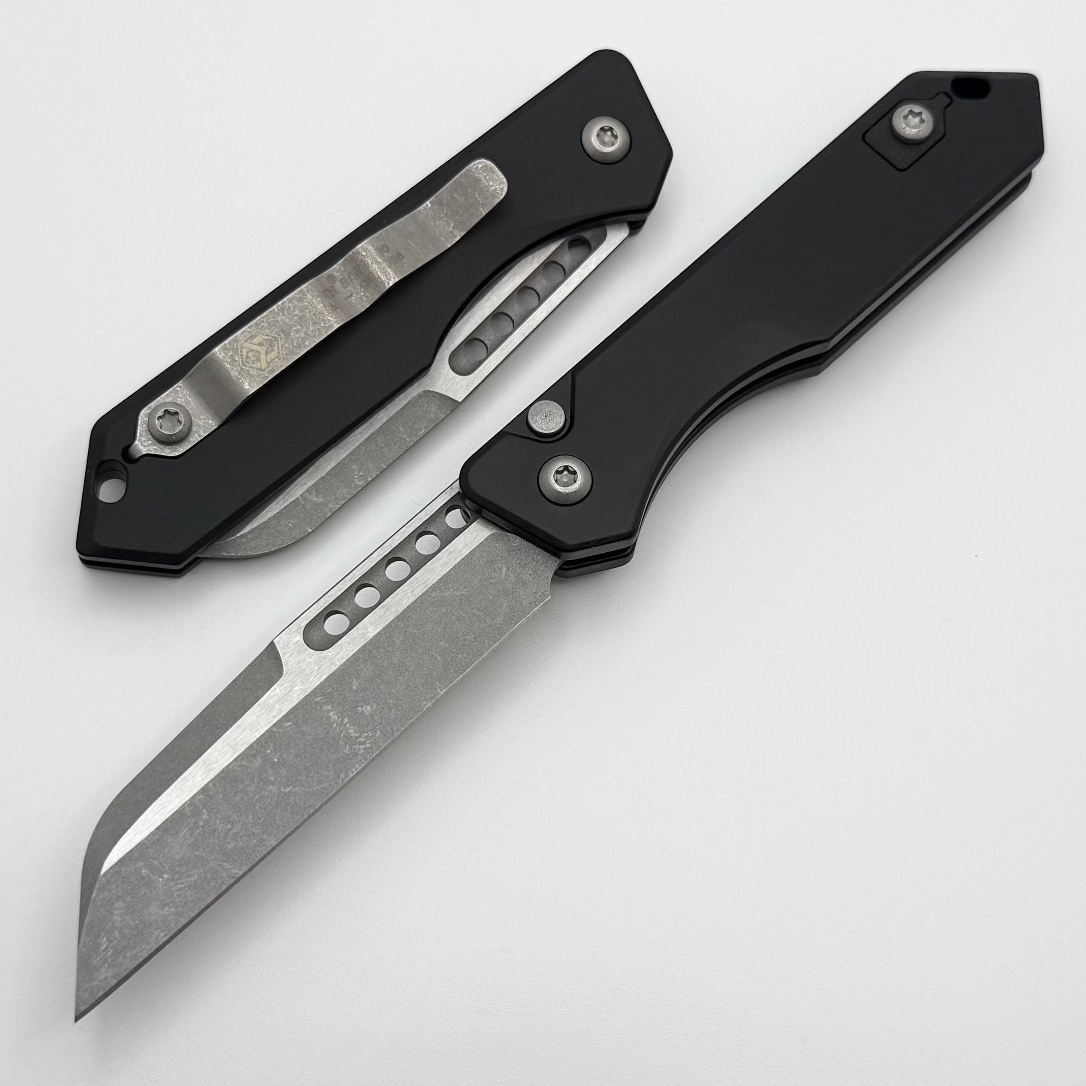 Heretic Knives Jinn Auto w/ Black Aluminum Handles & Battleworn MagnaC