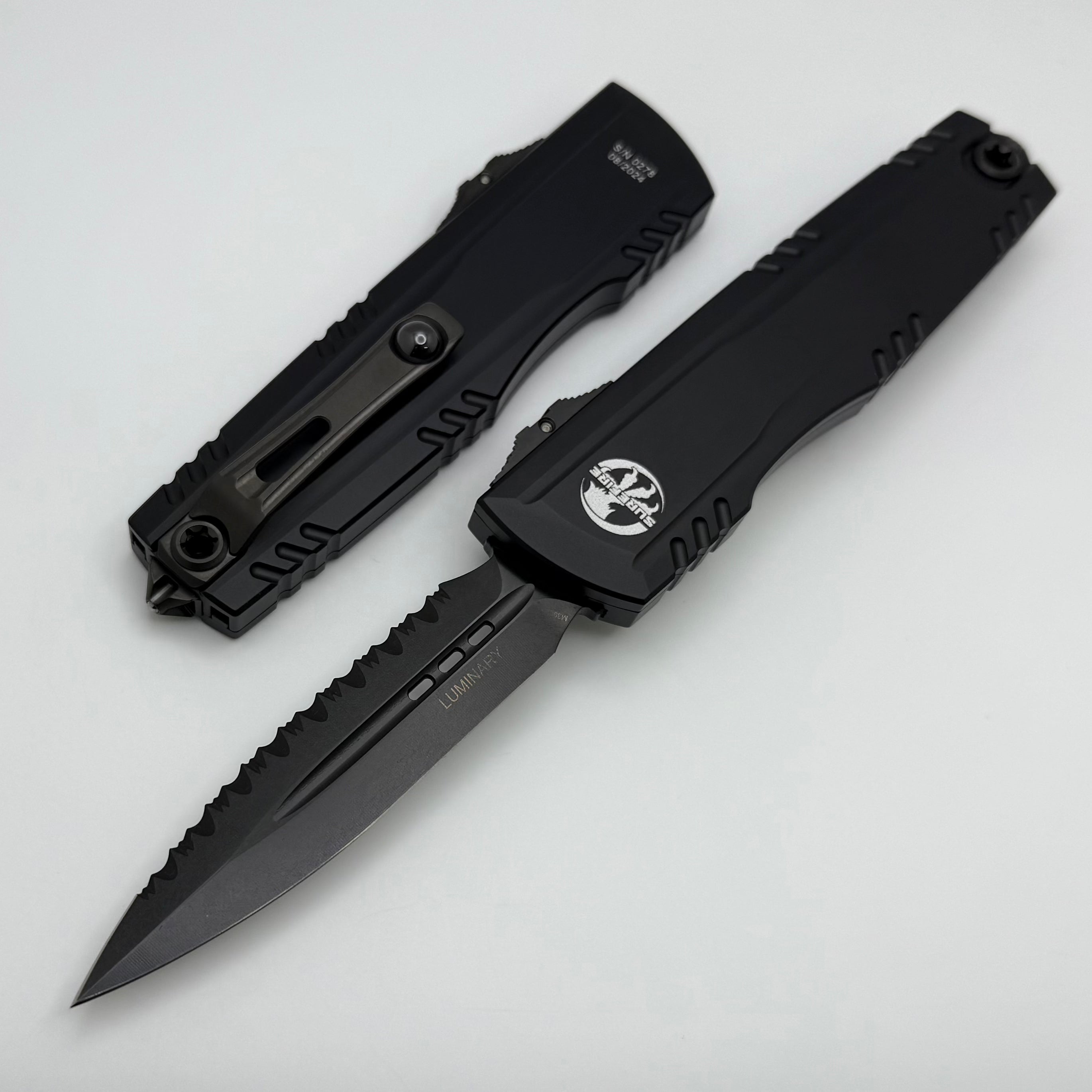 Microtech Luminary D/E Full Serrated DLC Shadow w/ Tritium Inlaid Slid