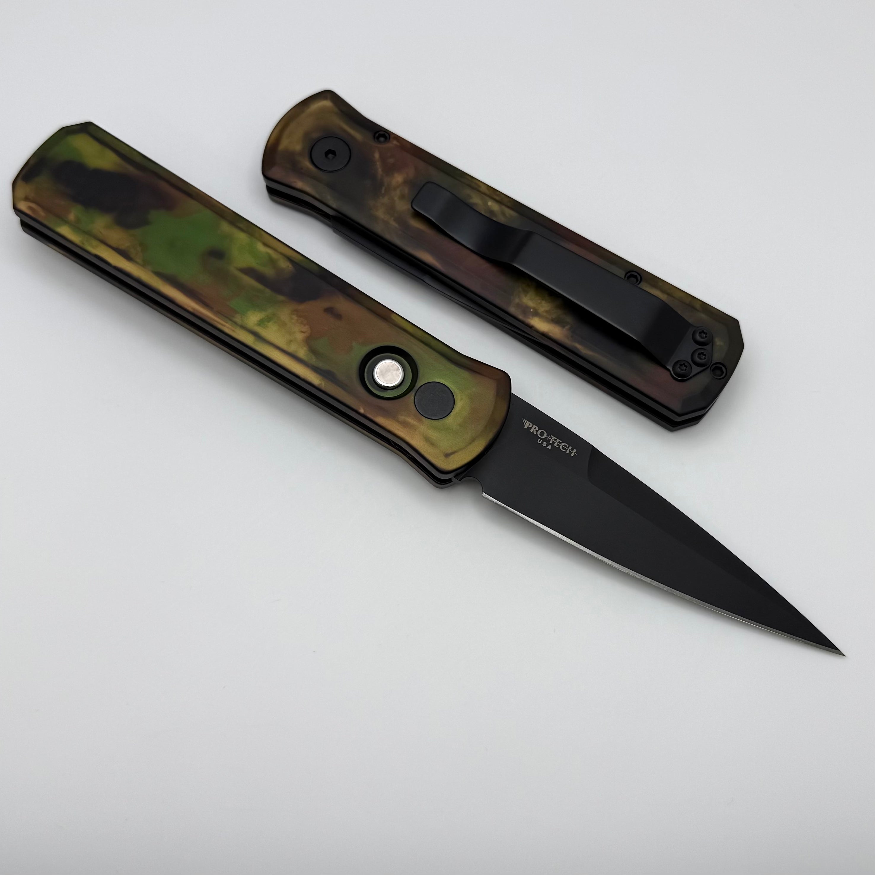 Pro-Tech Godson Left Handed w/ Woodland Camo Handle & Black 154-CM Bla