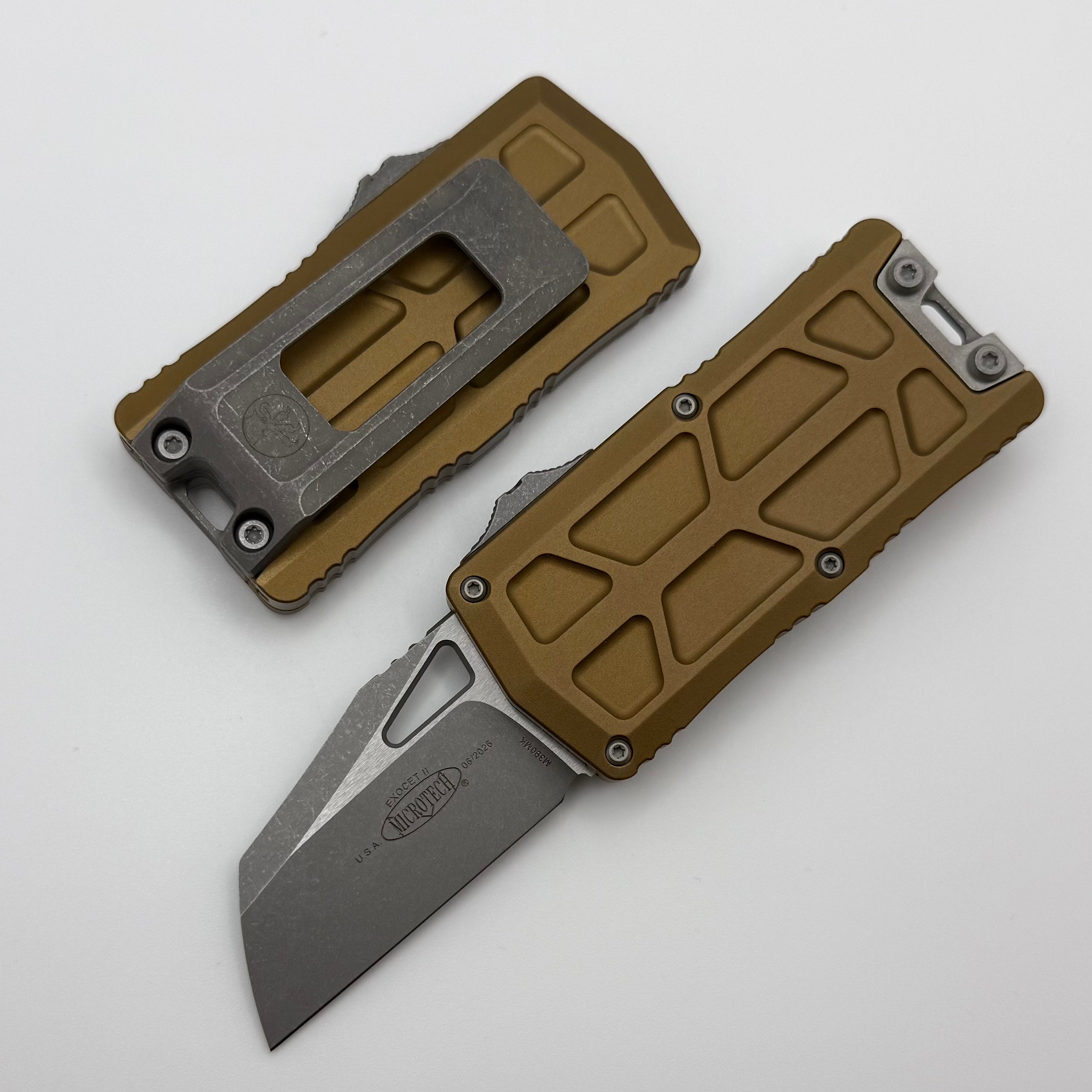 Microtech Exocet II w/ Tan Aluminum Handle & Apocalyptic Wharncliffe M