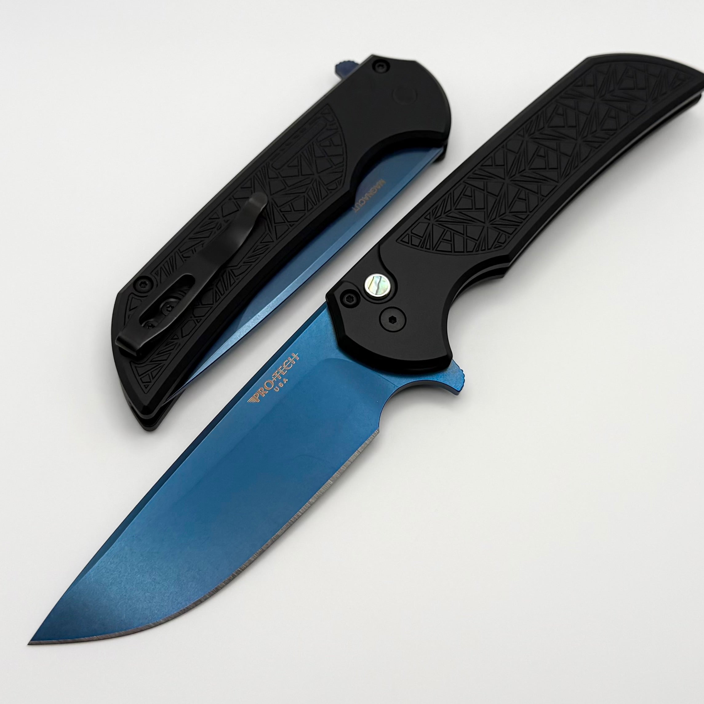 Pro-Tech Mordax Nexus Black Handles w/ Abalone Button & Sapphire Blue