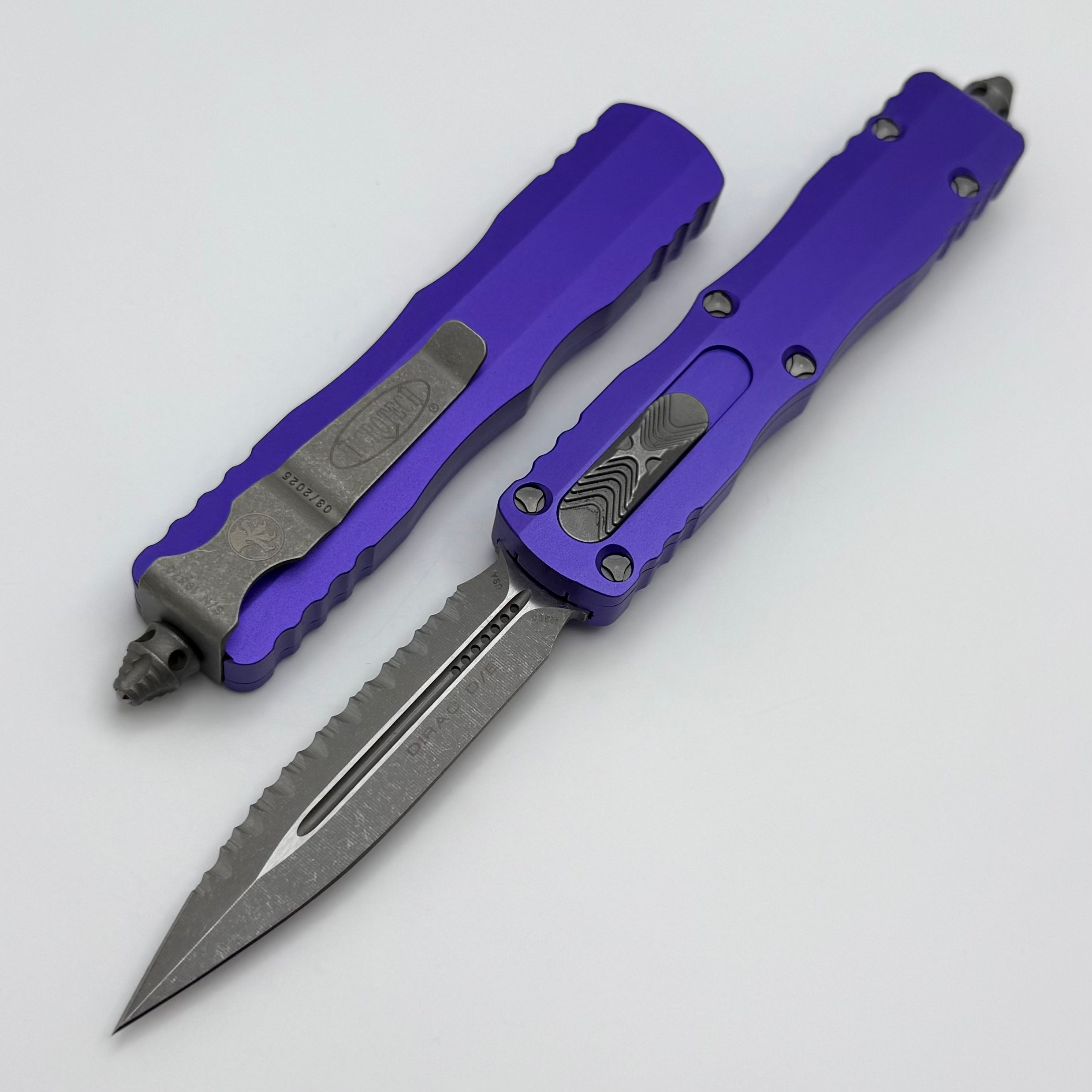 Microtech Dirac Double Edge Apocalyptic Full Serrated & Purple Handle