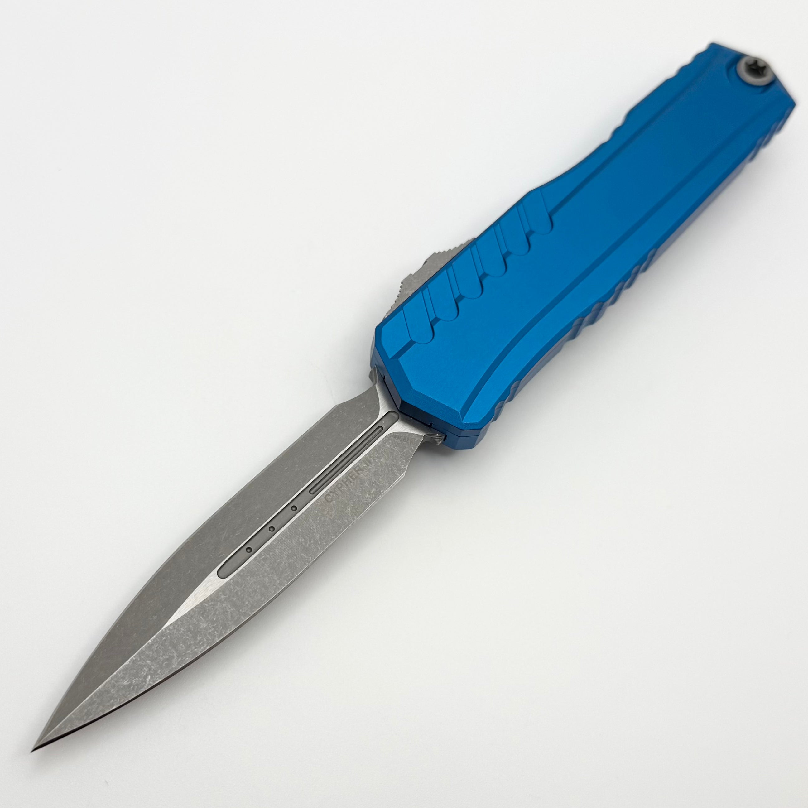 Microtech Cypher II D/E Apocalyptic w/ Blue Handle 1242-10APBL (Consig