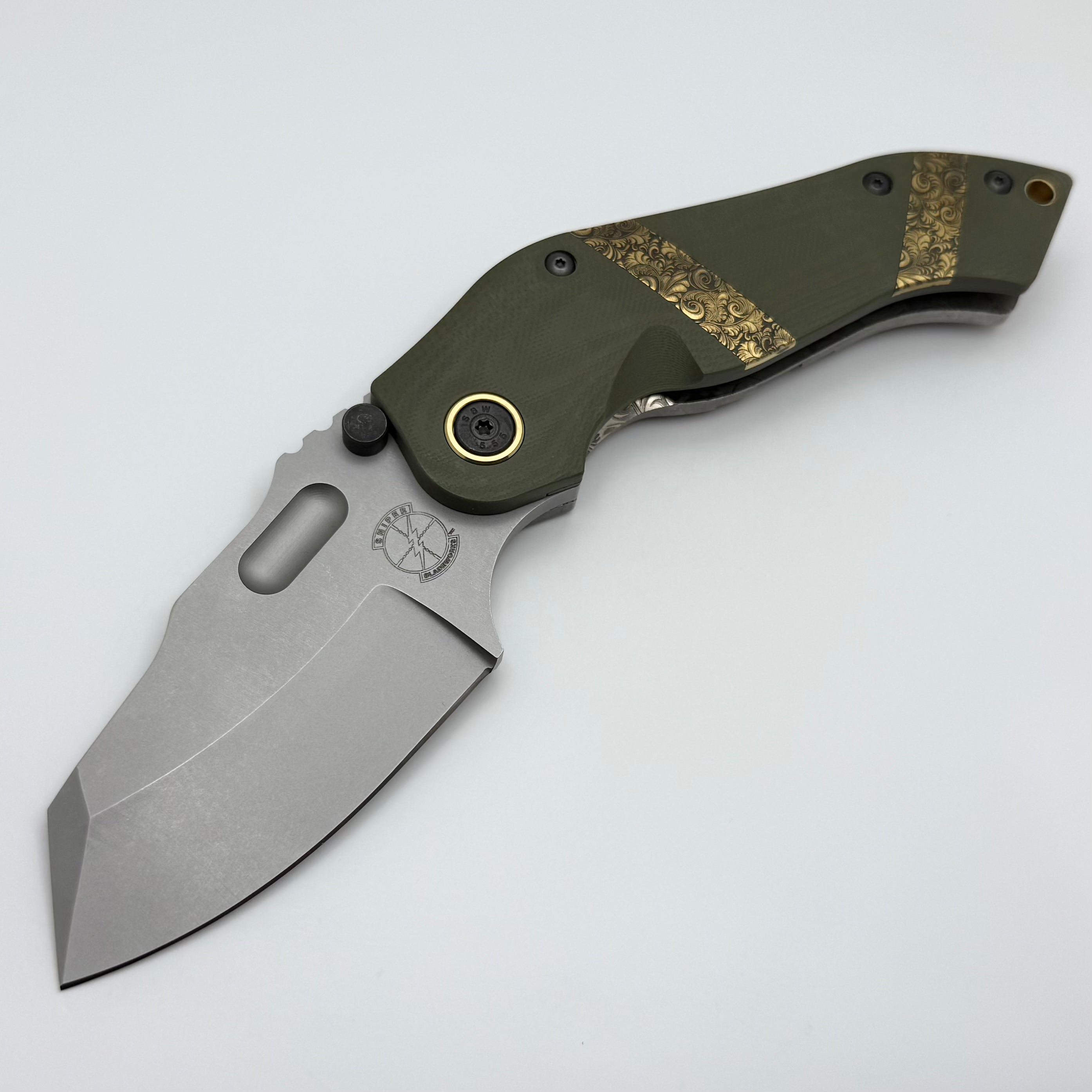 Sniper Bladeworks DMF w/ Floral Engraved OD Green G-10 Handles & Stone