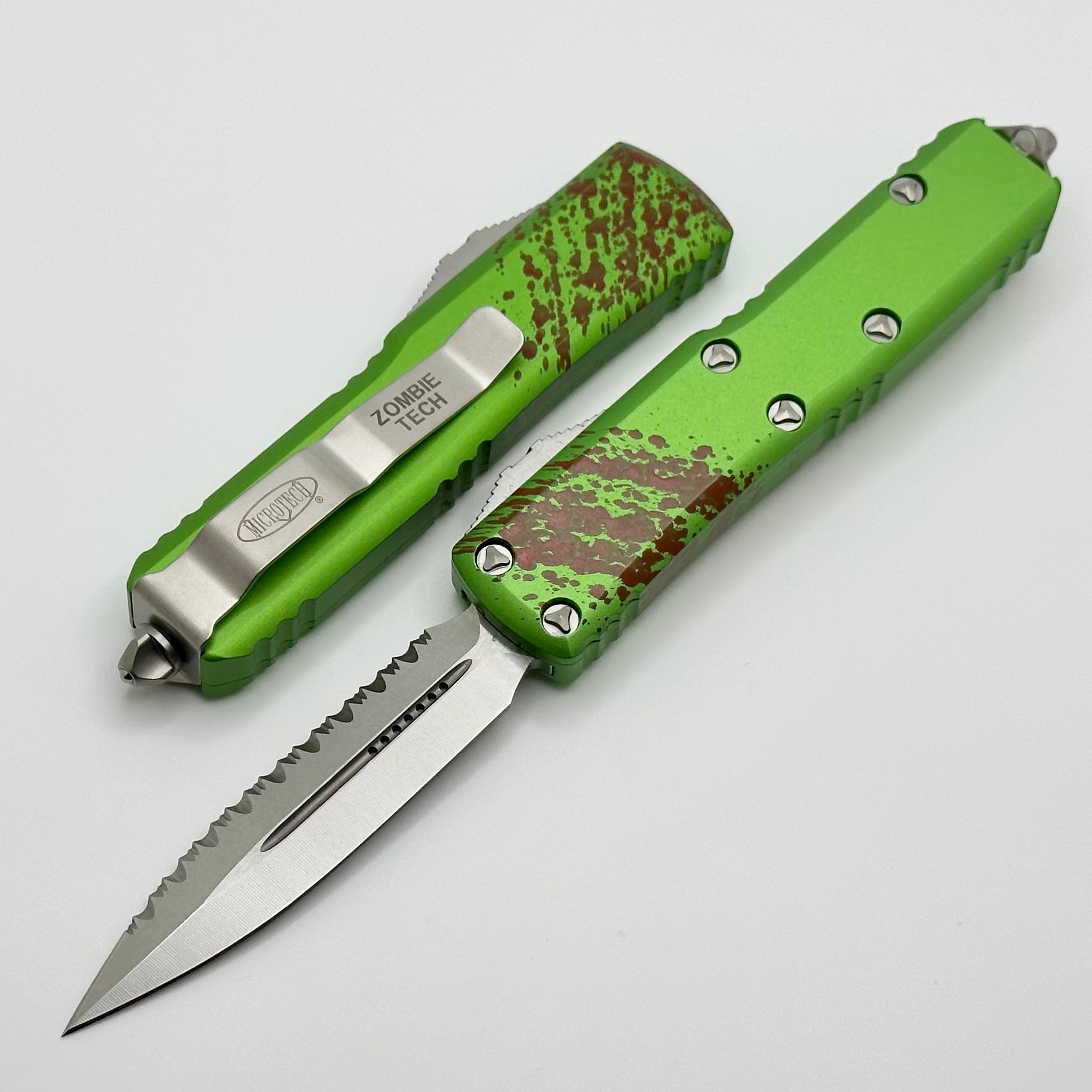 Microtech UTX-85 Zombie Tech Double Edge Stonewash Serrated Signature
