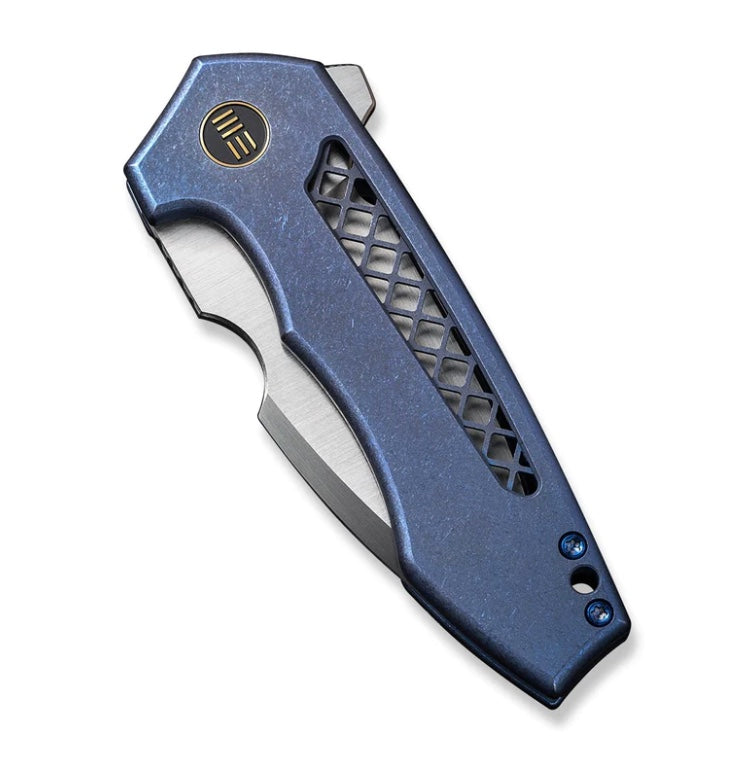We Knife Harpen Flipper Blue Milled Titanium Handles & Hand Rubbed Satin CPM-20CV Blade WE23019-2