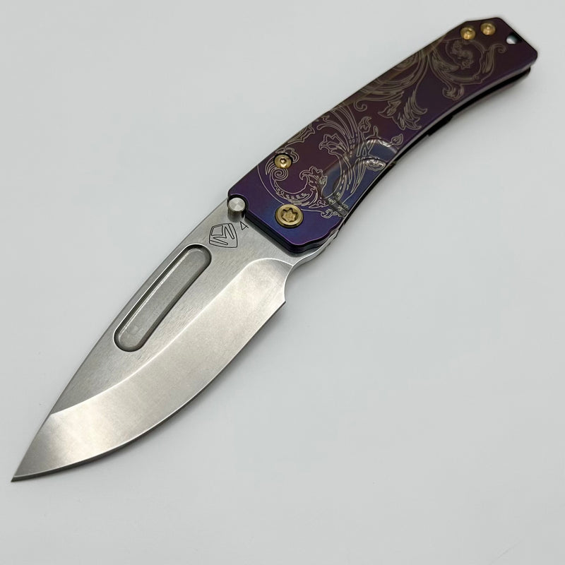 Medford Knife Slim Midi Bronze Outline Filigree Handles w/ Bronze Hardware/Clip & Tumbled S45 Drop Point