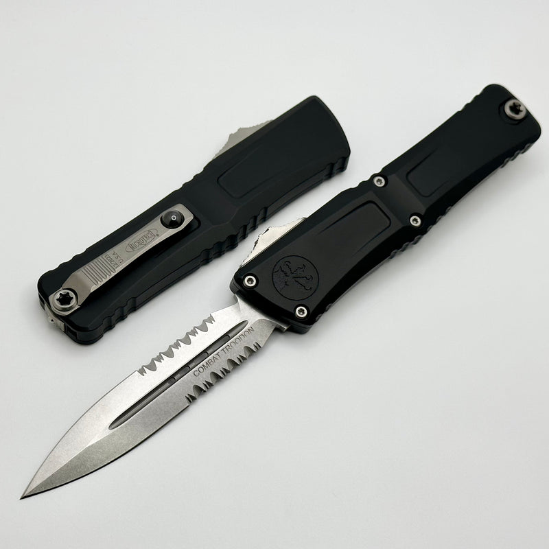 Microtech Knives Combat Troodon Gen III Stonewash Partial Serrated Double Edge w/ Black Handle 1142-11