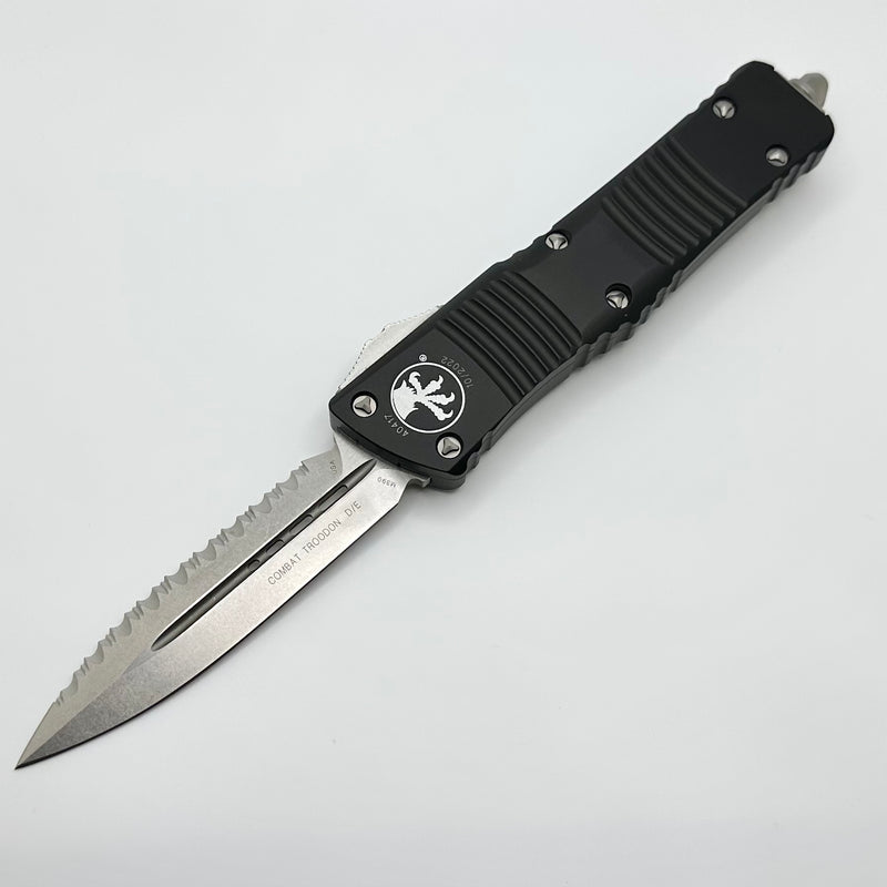 PRE OWNED Microtech Combat Troodon Black w/ Double Edge Stonewash Full Serrated 142-12 PRE OWNED