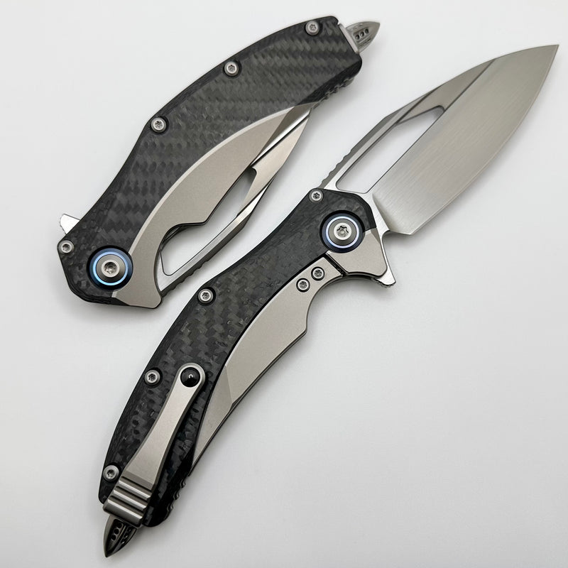 Microtech Matrix Titanium w/ Carbon Fiber Scales & Blue Ti Pivot Collars w/ Hand Satin M390 165C-4CFTI