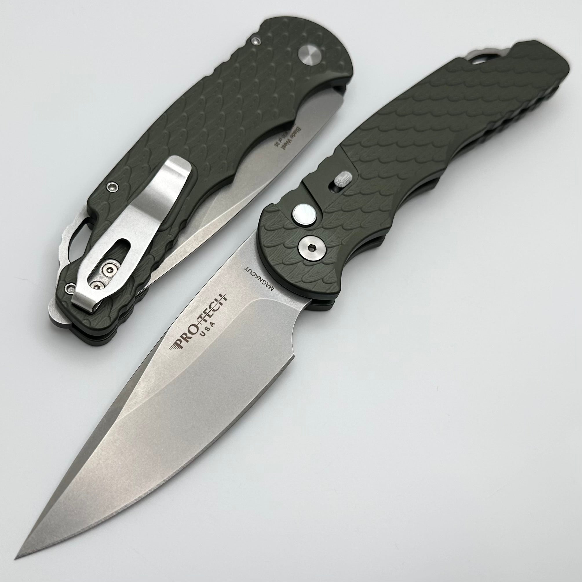 Pro-Tech TR-4 Auto Green Feather Handle w/ Safety & Stonewash MagnaCut