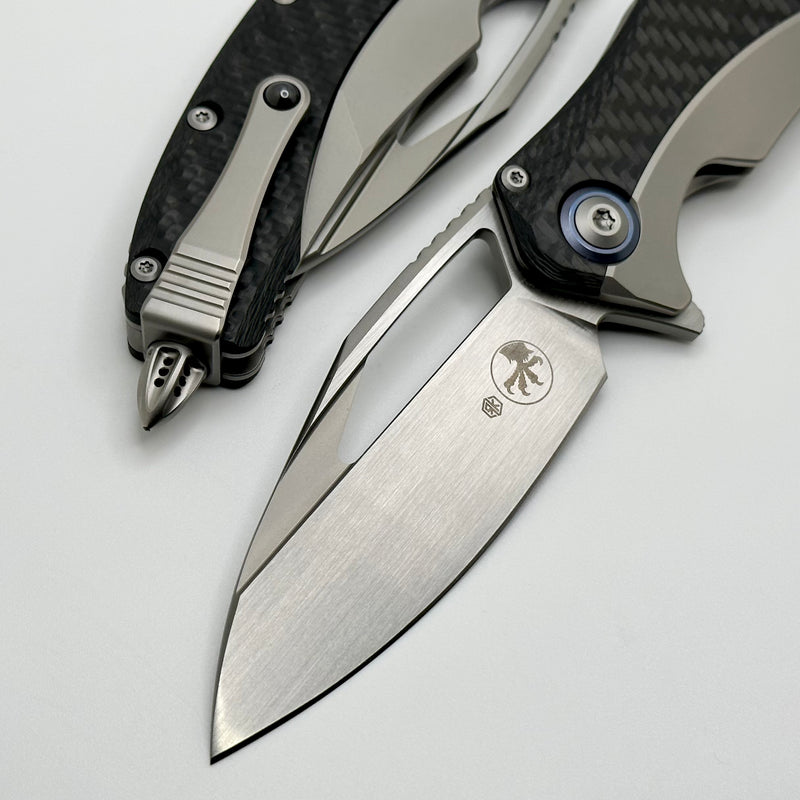 Microtech Matrix Titanium w/ Carbon Fiber Scales & Blue Ti Pivot Collars w/ Hand Satin M390 165C-4CFTI