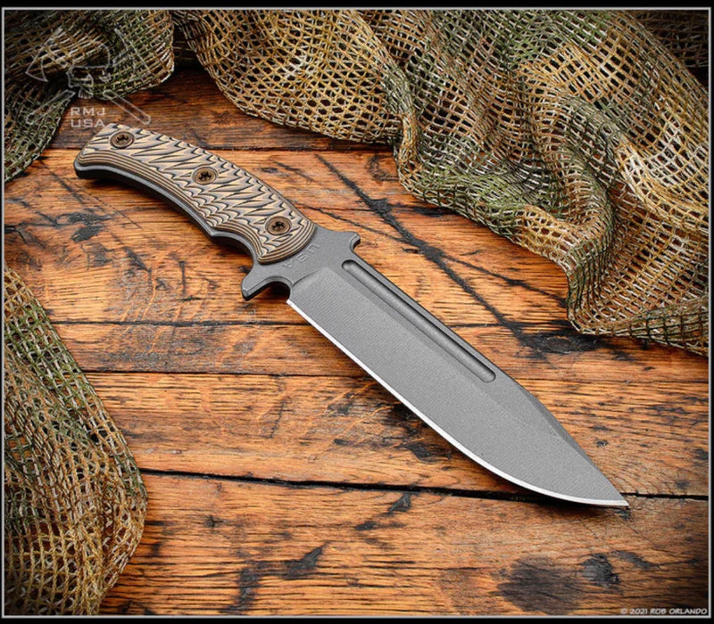 RMJ Tactical Combat Africa Fixed Blade w/ Hyena Brown G-10 & Kydex Sheath