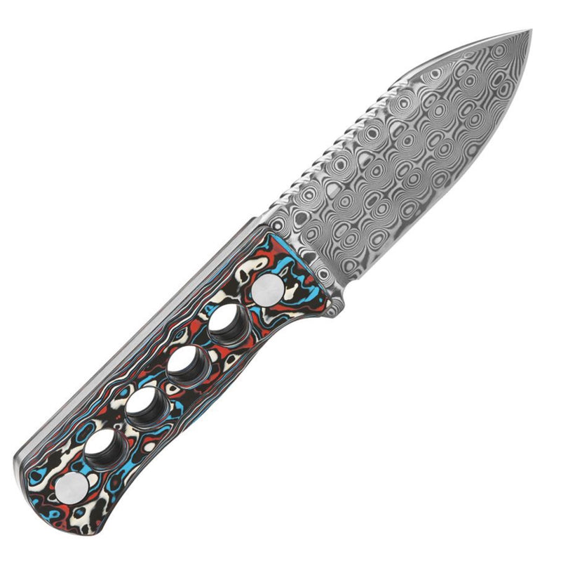QSP Canary Neck Knife w/ Laminated Damascus & Red/White/Blue Carbon Fiber Handle QS141-J