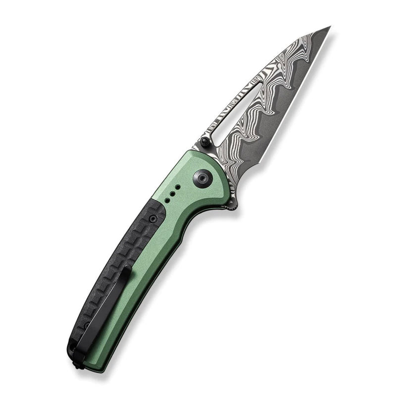 Civivi Knives Sentinel Strike Flipper Button Lock Green Aluminum w/ Black FRN & Damascus C22025B-DS1
