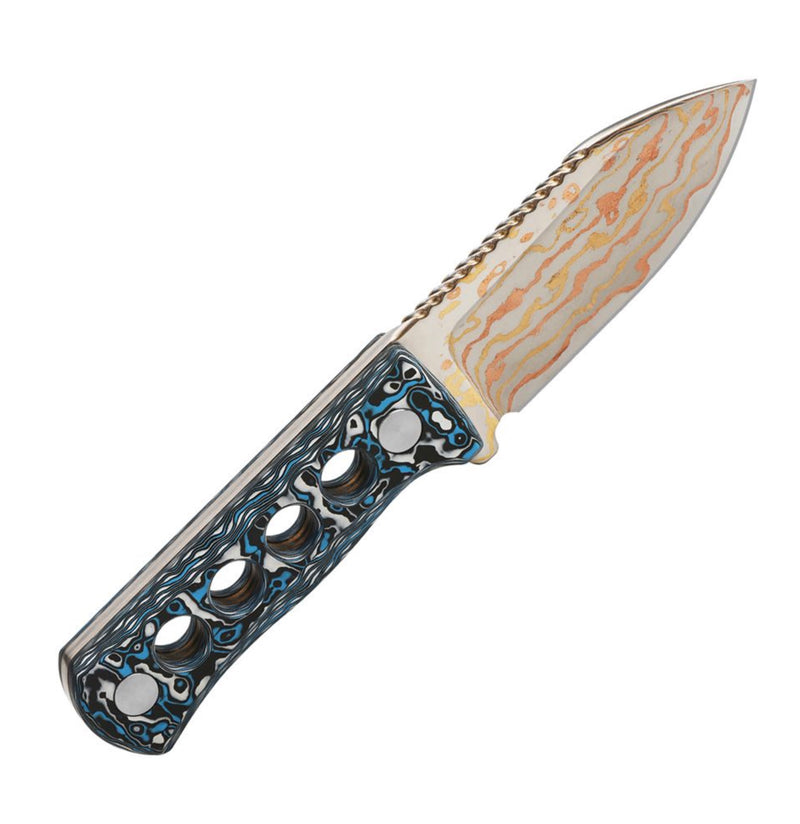 QSP Canary Neck Knife w/ Brass Copper Damascus & Black/White/Blue Carbon Fiber Handle QS141-G