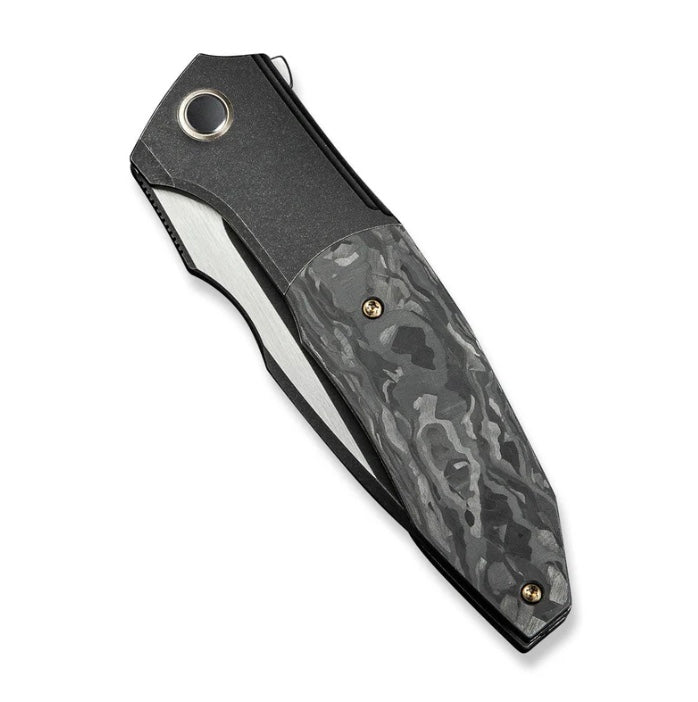 We Knife Archeozoic Flipper Black Titanium Handle w/ Shredded Carbon Fiber Inlays & Black Stonewashed M390 WE23091-1