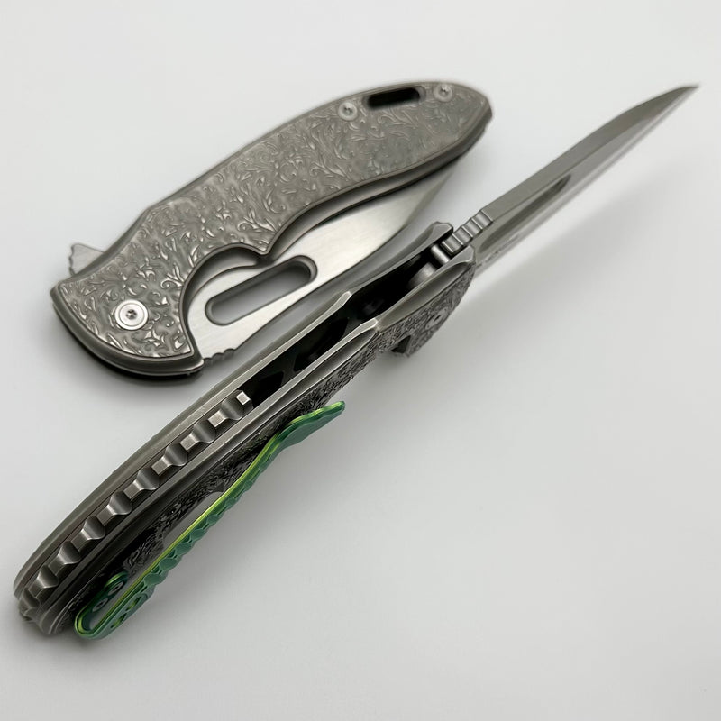 Mechforce Knives Sentry Rick Lala Collab Scroll Pattern Titanium & M390 w/ Green Clip Exclusive