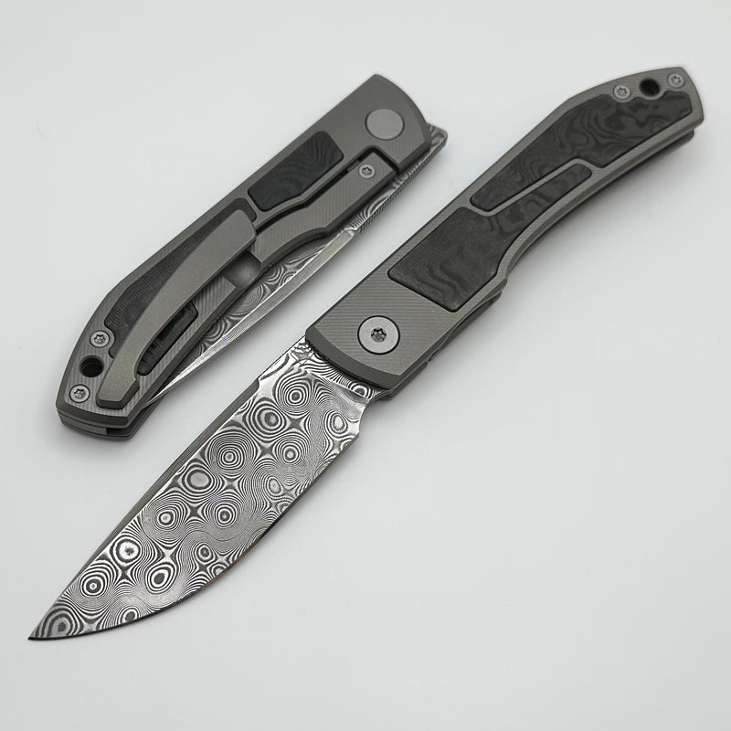 Uldanov Custom Knives Sierra w/ Milled Titanium/Carbon Fiber Inlays & Damascus Front Flipper