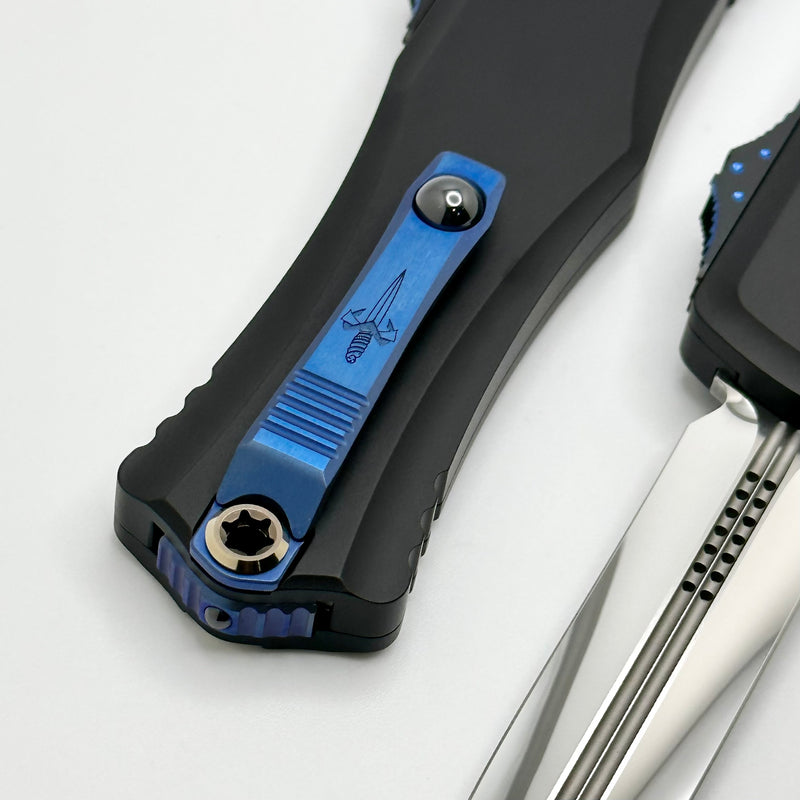 Marfione Custom Knives Hera II Mirror Polished Double Edge w/ Black Handle & Blue Titanium Accents