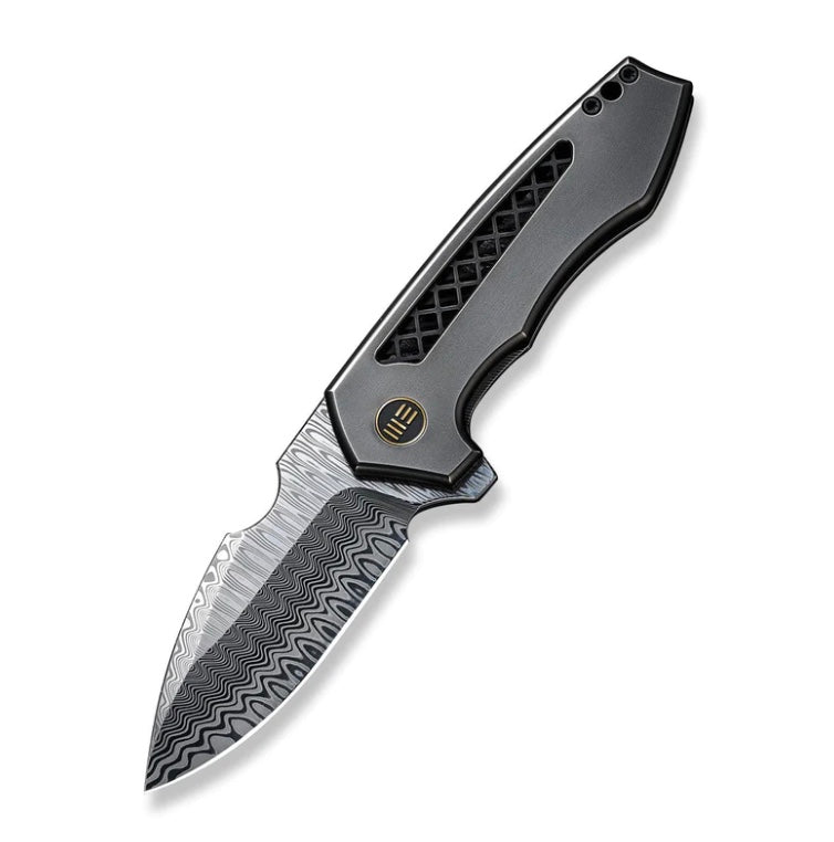 We Knife Harpen Flipper Polished Gray Milled Titanium Handles & Damasteel CPM-20CV Blade WE23019-DS1