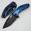 Heretic Knives Medusa Manual Blurple Flamed Titanium & Serrated DLC MagnaCut H009-6B-TIBLURP