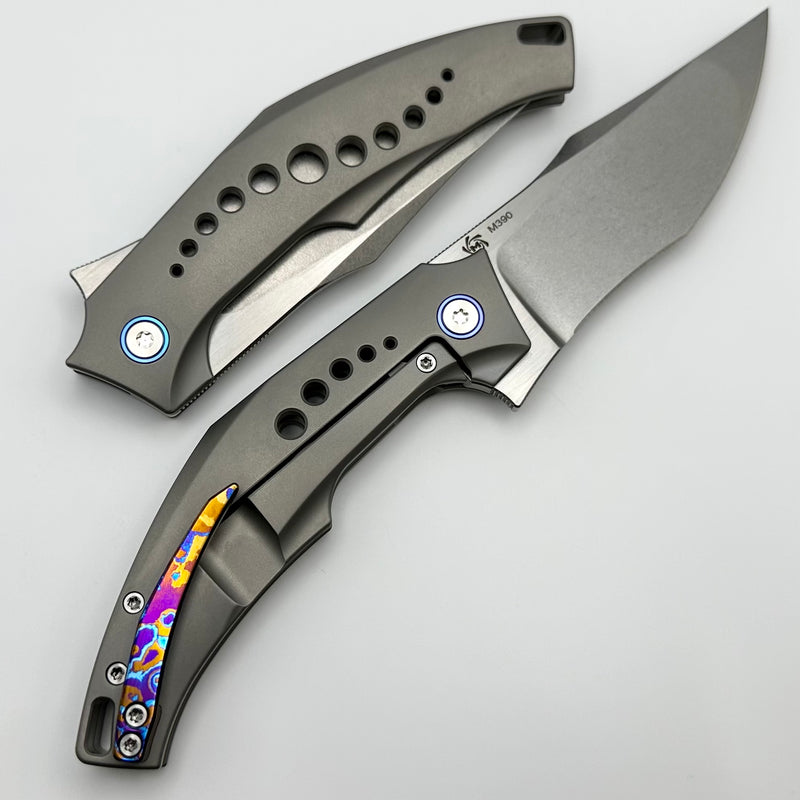 Mechforce Knives Tashi SOS Folder Stonewash M390 & Titanium Handles w/ Blue Accents & Timascus Clip