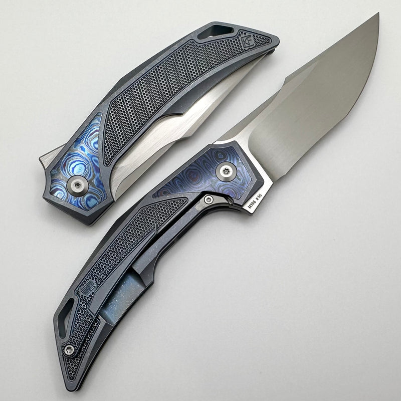 Custom Knife Factory Justice Blue Tumble w/ ZircuTi & Hand Satin M398 ONE PER HOUSEHOLD