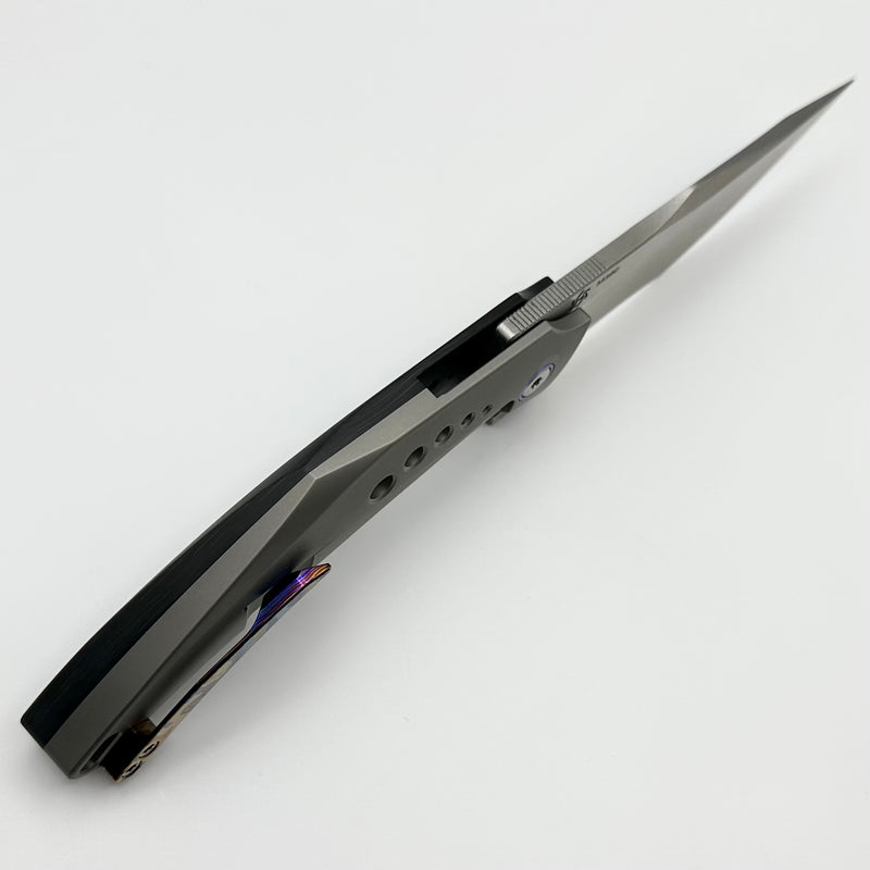 Mechforce Knives Tashi SOS Folder Stonewash M390 & Carbon Fiber/Titanium Handles w/ Blue Accents & Timascus Clip