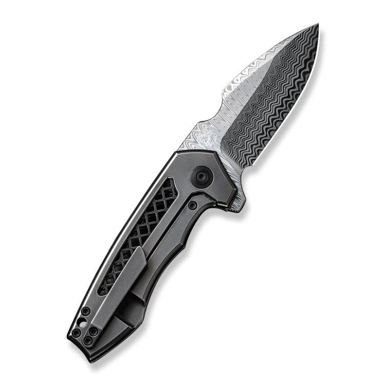 We Knife Harpen Flipper Polished Gray Milled Titanium Handles & Damasteel CPM-20CV Blade WE23019-DS1