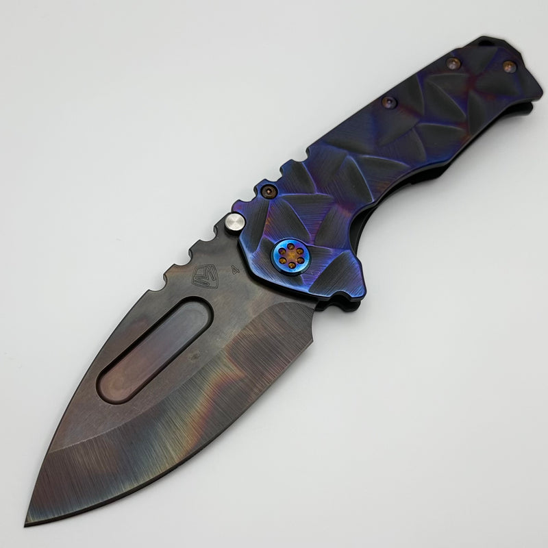 Medford Knife Praetorian T Vulcan S45 Drop Point & Black/Pen Ano Stained Glass Sculpted Handle w/ Flamed Hardware/Clip