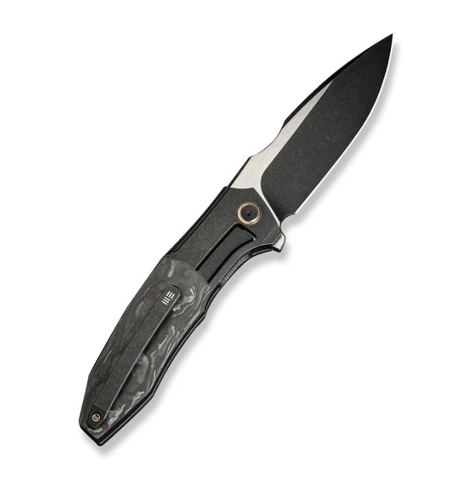 We Knife Archeozoic Flipper Black Titanium Handle w/ Shredded Carbon Fiber Inlays & Black Stonewashed M390 WE23091-1