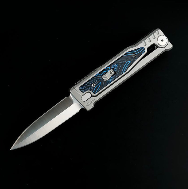 Reate EXO M Blue/Black Damascus Pattern G-10 & Satin/Stonewash Double Edge