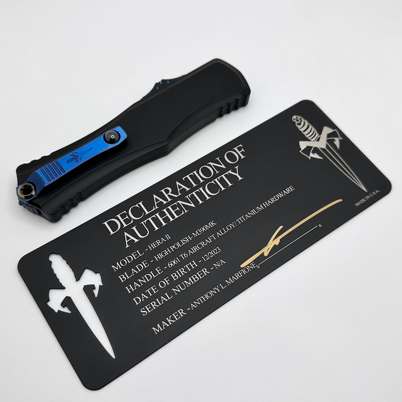 Marfione Custom Knives Hera II Mirror Polished Double Edge w/ Black Handle & Blue Titanium Accents