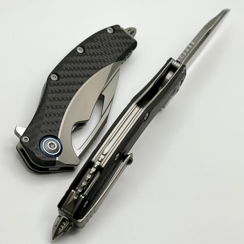 Microtech Matrix Titanium w/ Carbon Fiber Scales & Blue Ti Pivot Collars w/ Bead Blast M390 165C-7CFTI