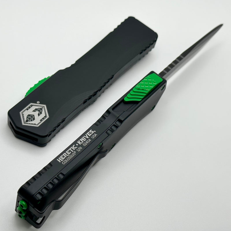 Heretic Knives Colossus Black Friday Special Black Handle w/ Heretic Green Hardware & DLC Recurve Magnacut H042-6A-BFS
